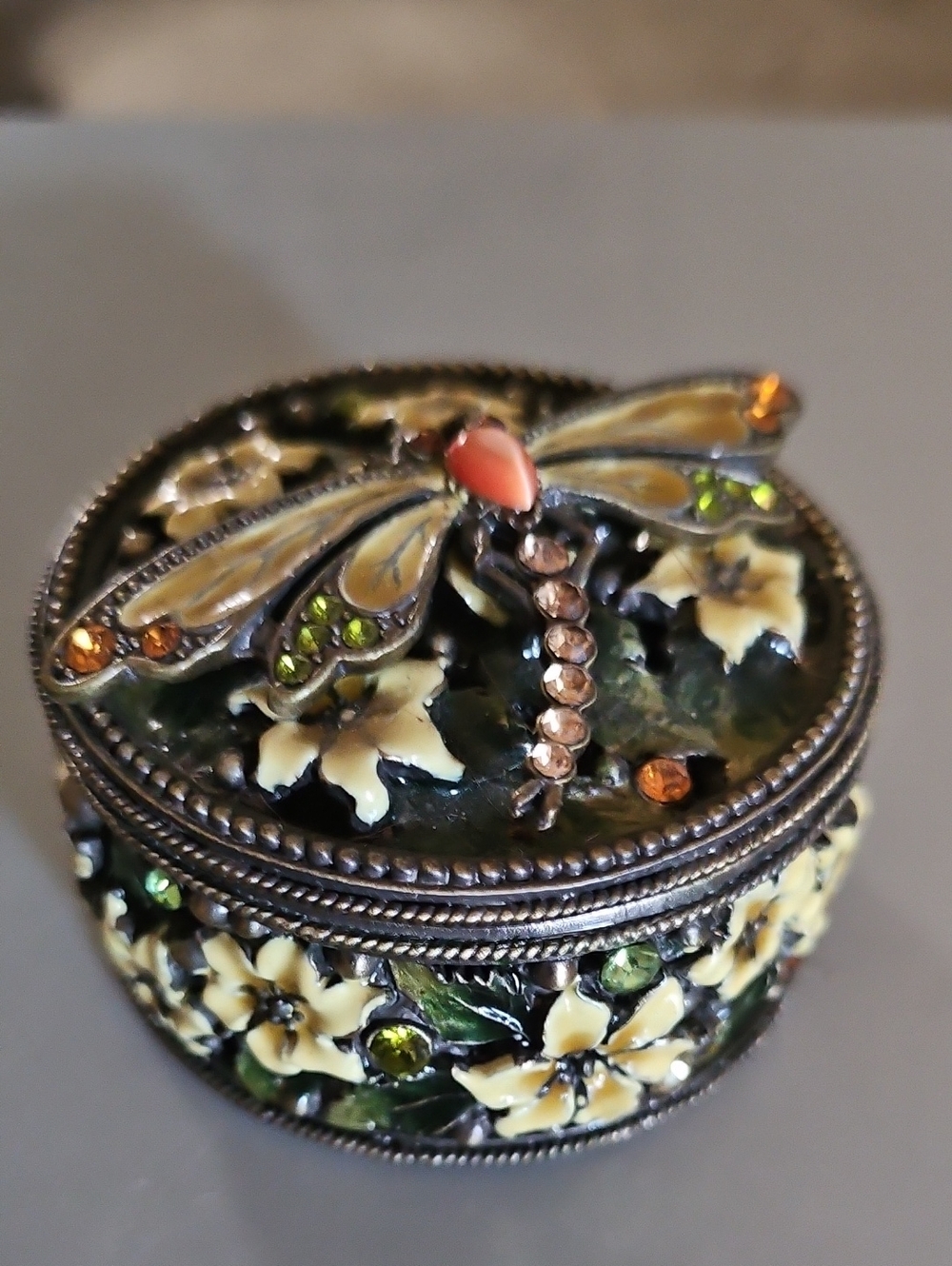 Ornate Green and Cream Dragonfly Trinket Box with Jewel Accents